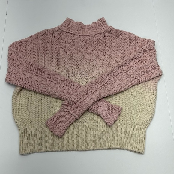 Anthropologie Pink and Cream Mock Neck Cable Knit Sweater XS COTTON - Picture 2 of 15
